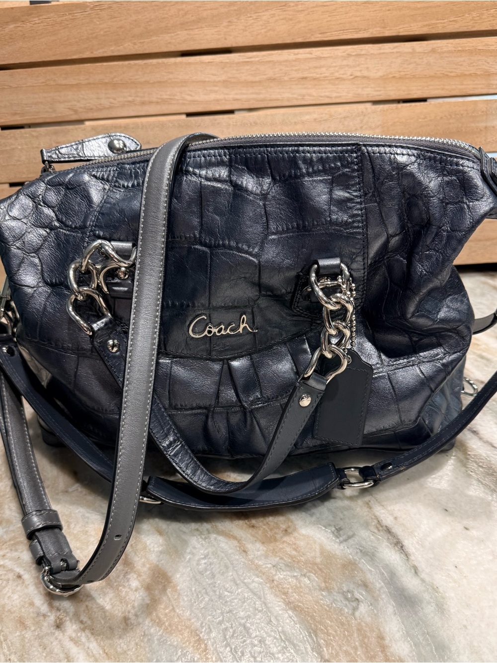 Coach Ashley Croc-Embossed Leather Satchel in Silver Slate Gray